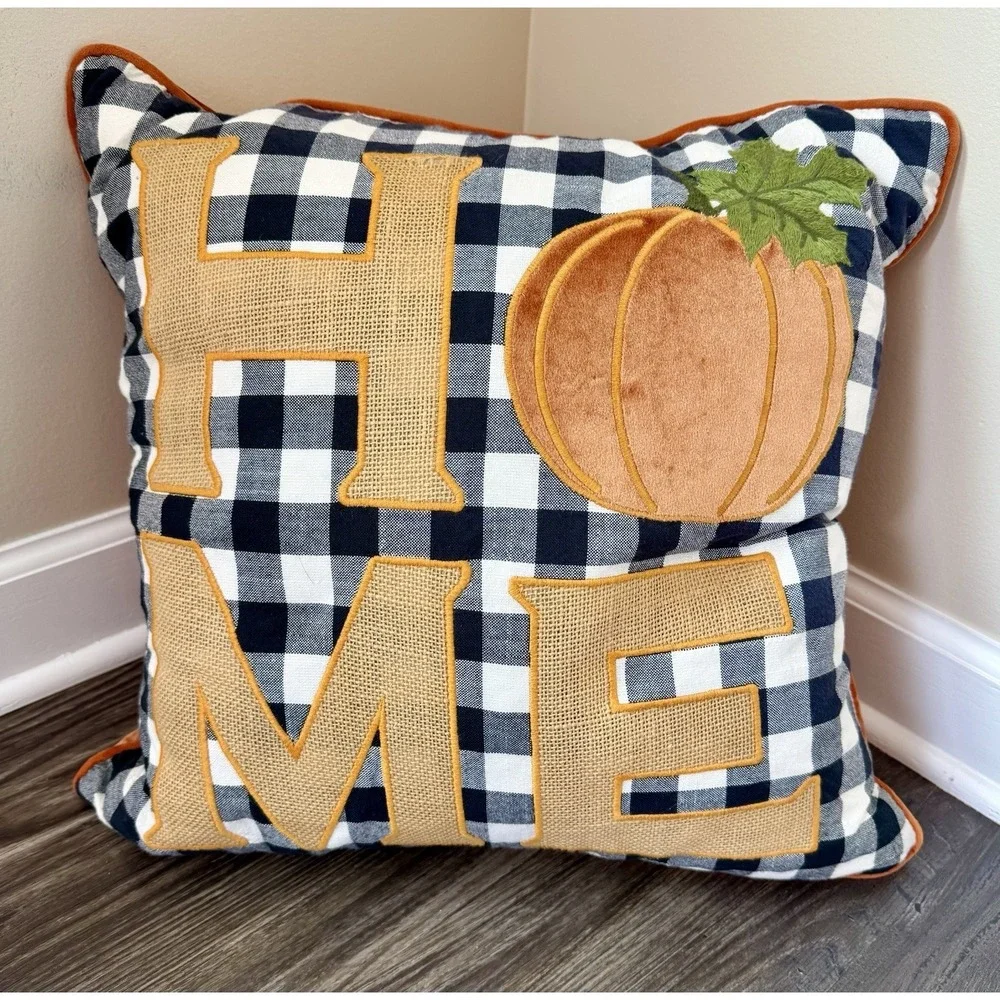 HFS Home Pumpkin Fall Harvest Plaid Down Feather Pillow Orange Velvet 20x20‎